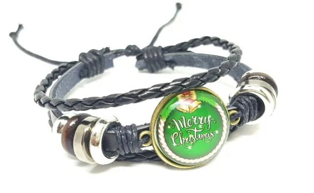 New" Leather Merry Christmas Bracelet Glass Cabochons,Unisex "BARAGIN" #5