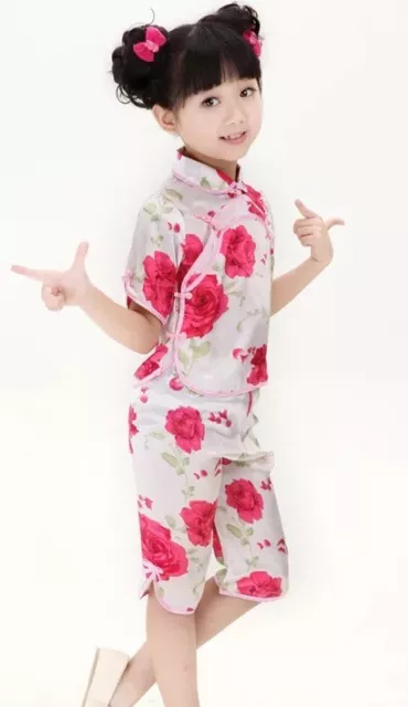 Chinois Japonais Blanc Enfants Filles Haut Floral & Pantalon Set Pyjama cgps6