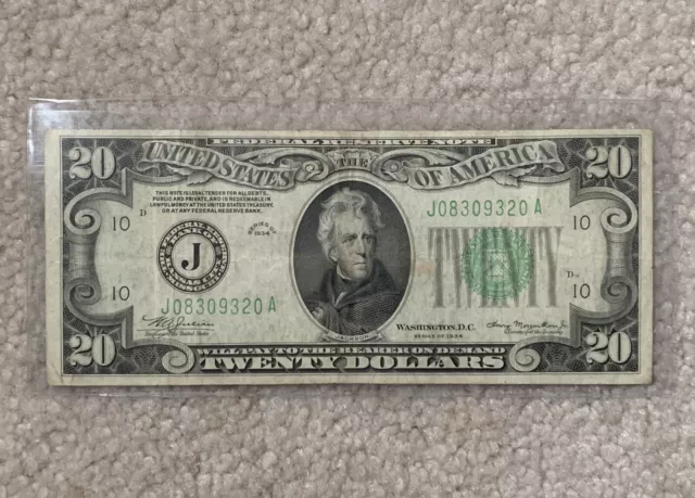 Rare ~ 1934  $20 ~ Federal Reserve Note ~ Rare FR. 2054-J ~ Original Crisp VF