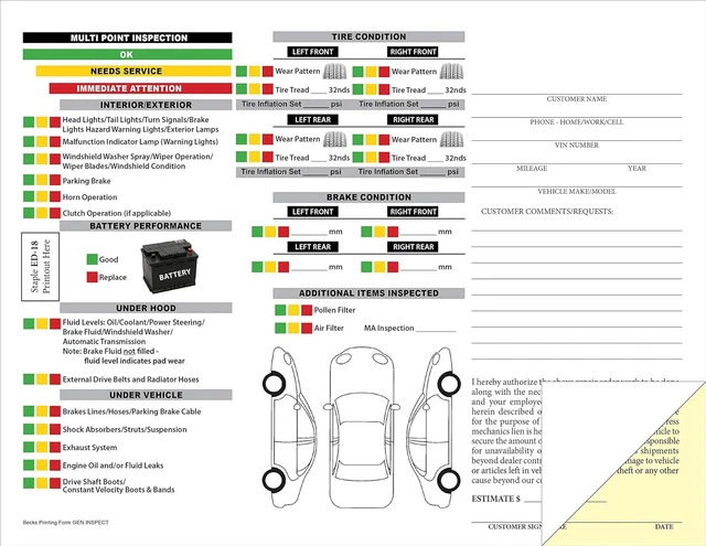 AUTOMOTIVE MULTI-POINT INSPECTION Form - 2 Part Carbonless Form (Pack ...