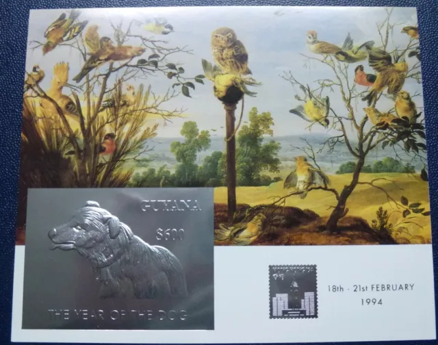 Guyana 1994 Jahr des Hundes Eule Vögel Gemälde Dog Owl Bird Silber Block 384 MNH