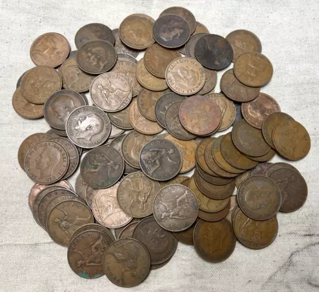 100 x Vintage British Large One Penny UK copper Pennies Victoria to QEII lot#227