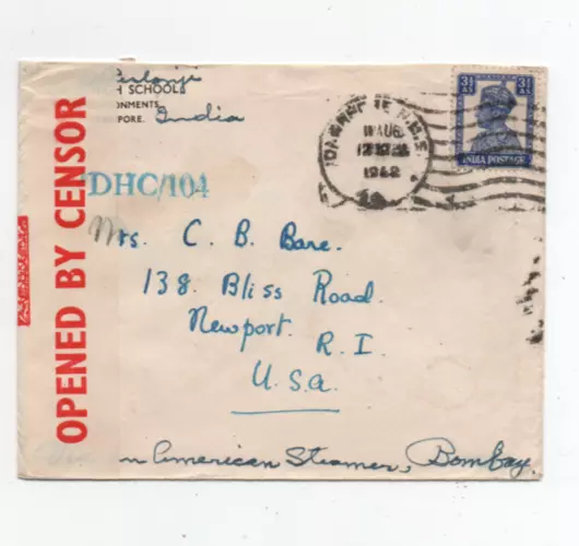 India Cawnpore 11/8/1942 Nice Censor Cover From Girls High School To Newport Usa