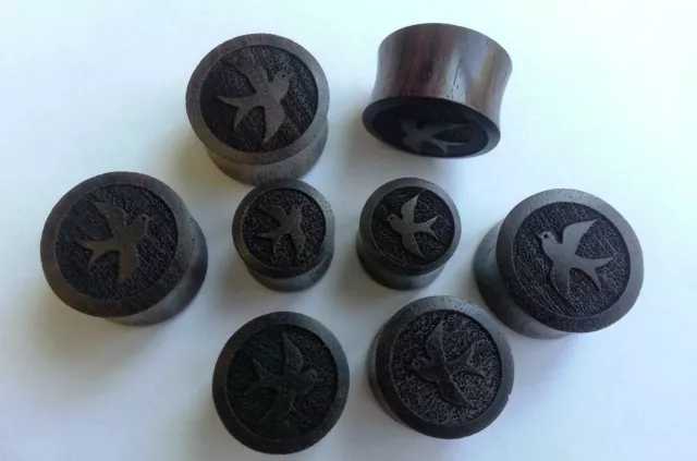 1Pair ORGANIC HandMade Swallow Sparrow Sono Wood Saddle Ear Plugs Tunnels Gauges 2