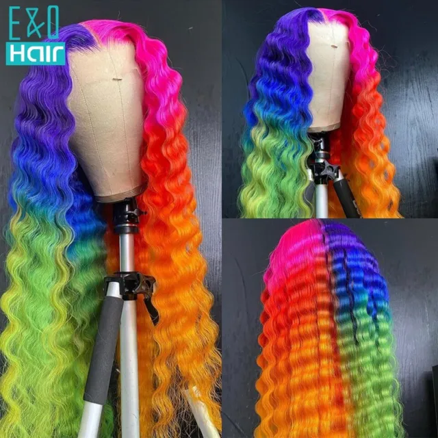 Rainbow Colored Loose Deep Wave Wig Lace Human Hair Wigs Remy Transparent Wig