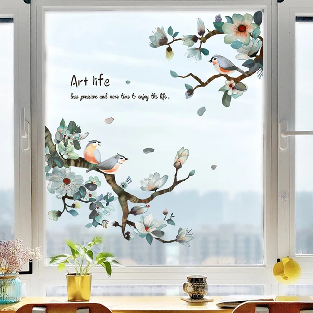 Fleur Branche Oiseau Verre Autocollant Fenêtre Statique Stickers Décor