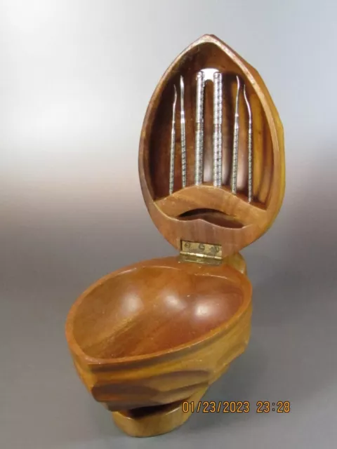 Vintage Carved Walnut Nut Cracker Bowl Set With Tools Mid Century 9½" X 6" Vintage Carved Walnut Nut Cracker Bowl Set With Tools Mid Century 9½" X 6"