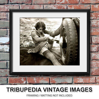 Vintage 1930s Studio Biederer Photo - Sexy Woman in Stockings Changing Car Tire 3