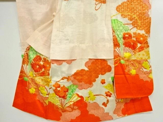 46289# Japanese Kimono / Antique Kimono For Girls / Embroidery / Floral Fan Patt