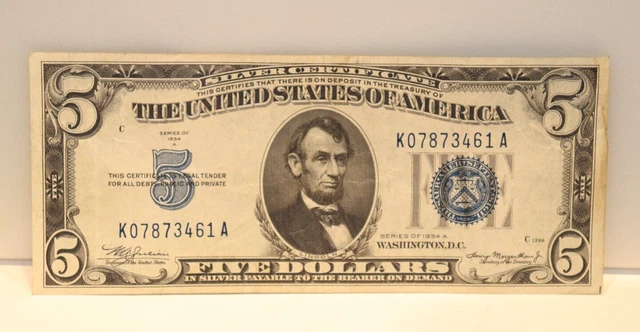 1934 A US $5 Silver Certificate XF K07873461A