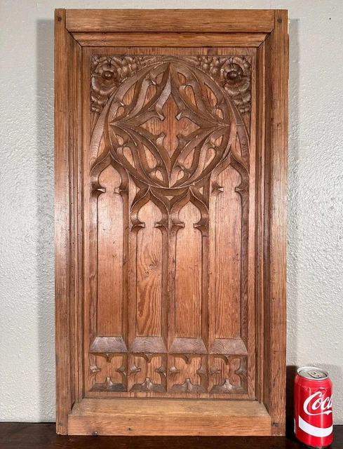 31" Tall Hand Carved French Antique Gothic Revival Pine Wood Panel