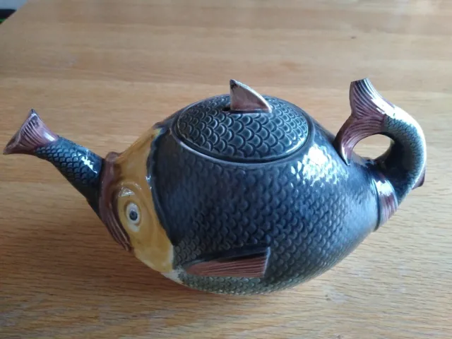 Rare Antique Pottery Majolica fish teapot Victorian C1880 - Adams & Bromley