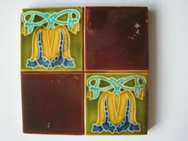 Antique Art Nouveau Tile - H. Richards - Quartered Stylised Bell Shaped Flower