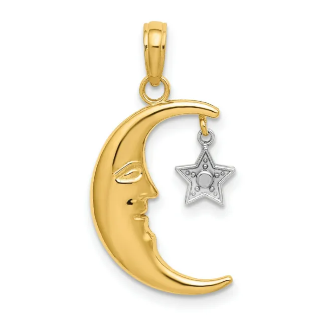 14k Two-Tone Yellow Gold Crescent Moon With Face And Star Charm Pendant