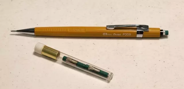 Vintage Pentel P209 Yellow 0.9mm Mechanical Pencil With 2 extra Erasers