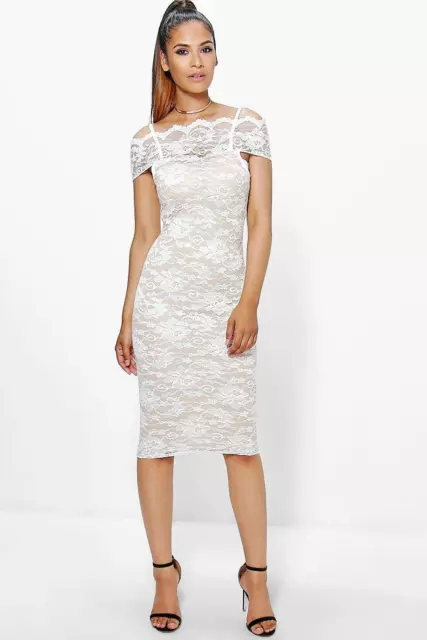 Boohoo Becky Cold Shoulder All Lace Midi Dress Size 10 Uk BNWT RRP £23.99 Ivory