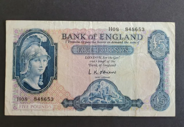 Bank of England £5 Banknote. O'Brien B280 British note. Circulated. H Prefix