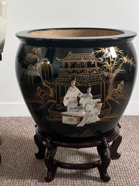 Large Oriental Plant Pot Fishbowl Planter With Stand