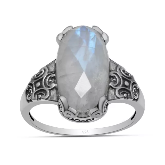 10X20 mm Blue Fire Moonstone Gemstone 925 Sterling Silver Oval Shape Ring