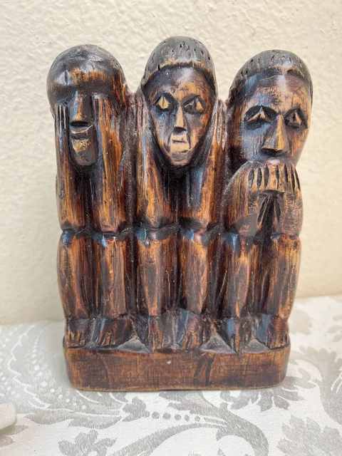 Hear See Speak No Evil Ebony Vintage Carved African Wooden Figurine Statues