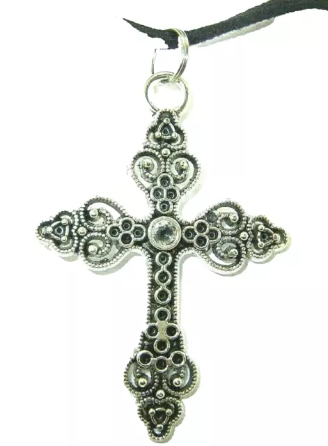 New  Gorgeous Oversize  CROSS  Silver-tone Pendant  18" -  20" Black Necklace