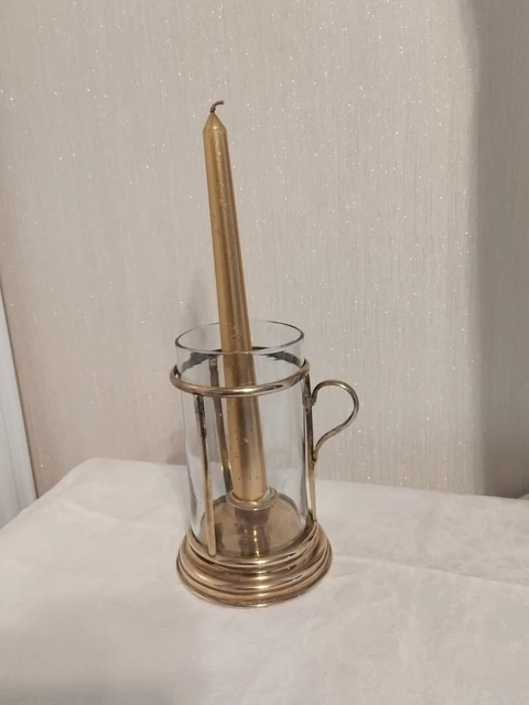 ANCIEN BOUGEOIR PHOTOPHORE artisanal bois et verre ambré vintage 60/70