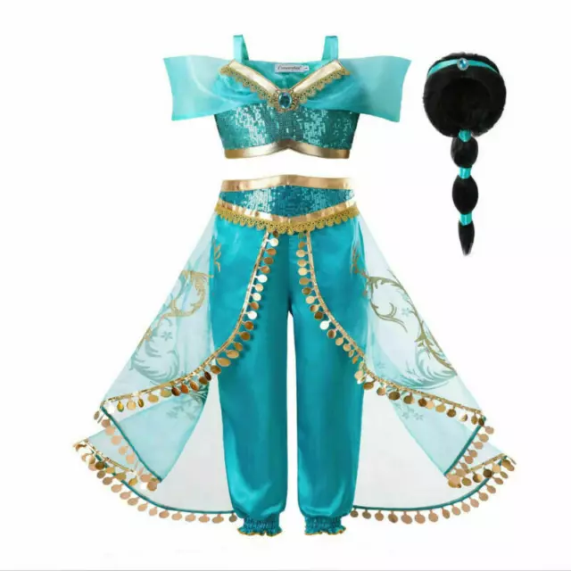 Kids Girls Jasmine Princess Fancy Dress With Wig Aladdin Cosplay Costume Sequin