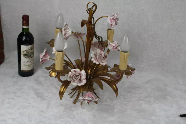 Vintage french metal gold gilt 1970 pink porcelain roses  chandelier lamp 3