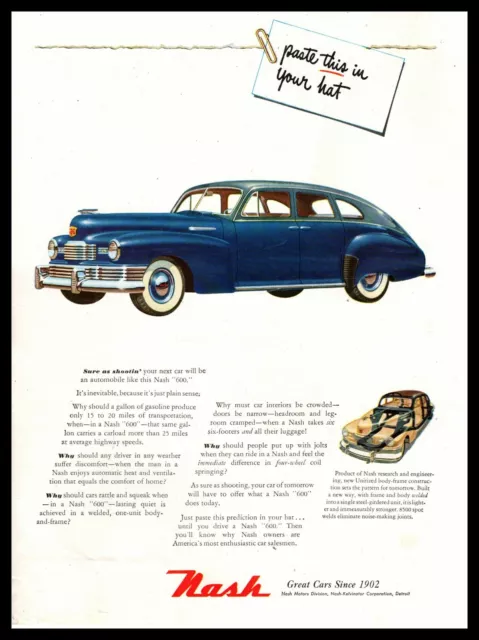 1948 Nash 600 "Paste This In Your Hat" Great Cars Since 1902 Vintage Print Ad