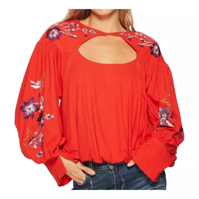 Free People Lita Red Floral Embroidered Puff Sleeve Blouse Size XS