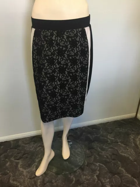 OPM Black & White Lace Fitted Stretch Knee Length Skirt Size 12