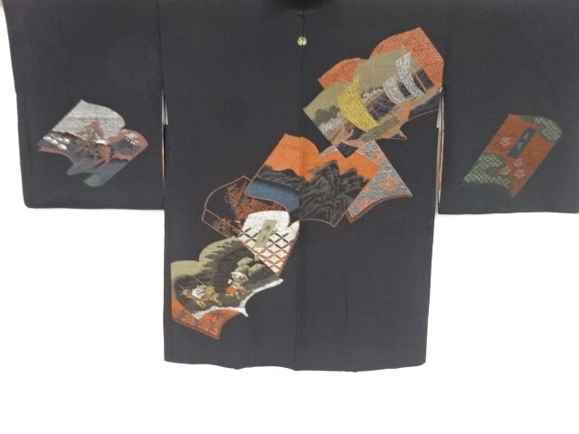 46839# Japanese Kimono / Antique Haori / Urushi / Woven Sailing Ship & Books