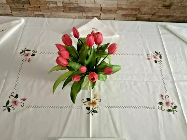 Elegante Tovaglia x6 misto lino con ricamo punto pieno a mano 135x175 cm