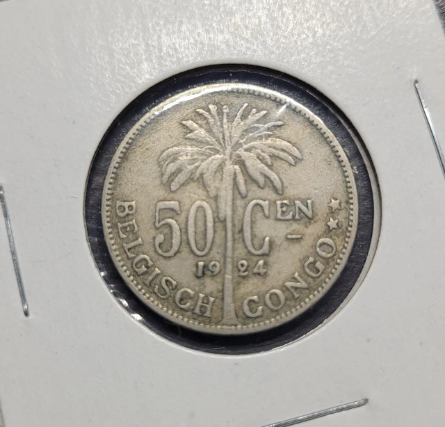 CONGO BELGE 50 Centimes roi Albert légende flamande / palmier 1924