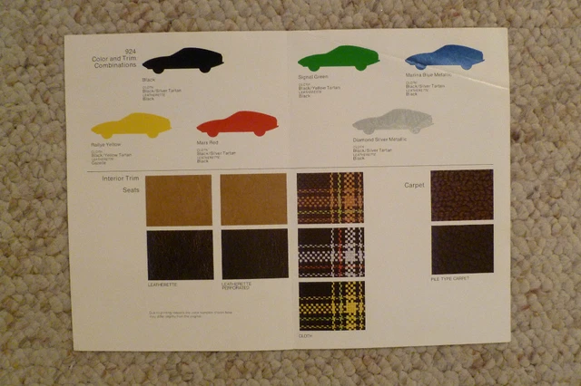 1977 PORSCHE 924 FACTORY issued Color Chart Showroom Sales Folder ...