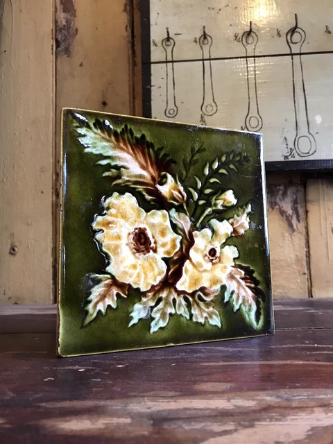 19th Century Victorian Floral 6" Glazed Green Tile Floral Majolica Secessionist