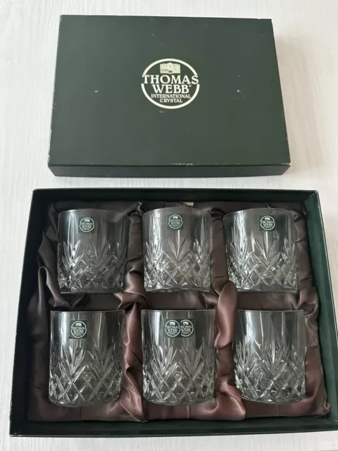 Six Thomas Webb Crystal Cut Glass Whiskey Glasses - Unused, Boxed