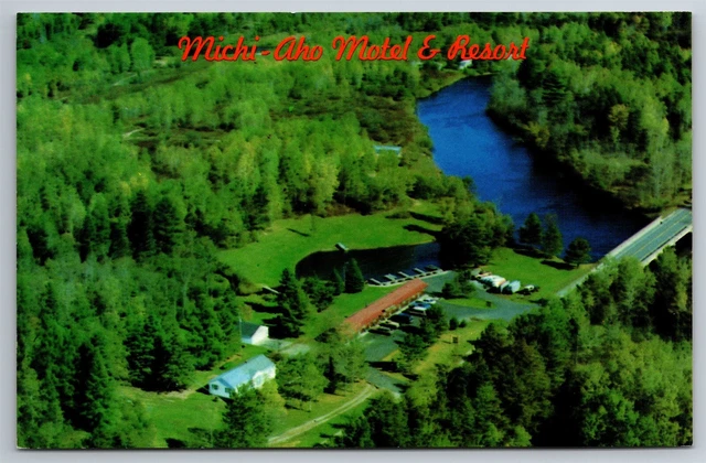 Michi-Aho Motel Resort Aerial View Crystal Falls MI C1960's Postcard C19