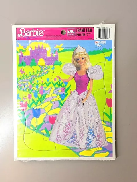 NIP 1990 PRINCESS THEME Barbie FRAME TRAY PUZZLE Golden 12Pc 4166A SEALED VTG