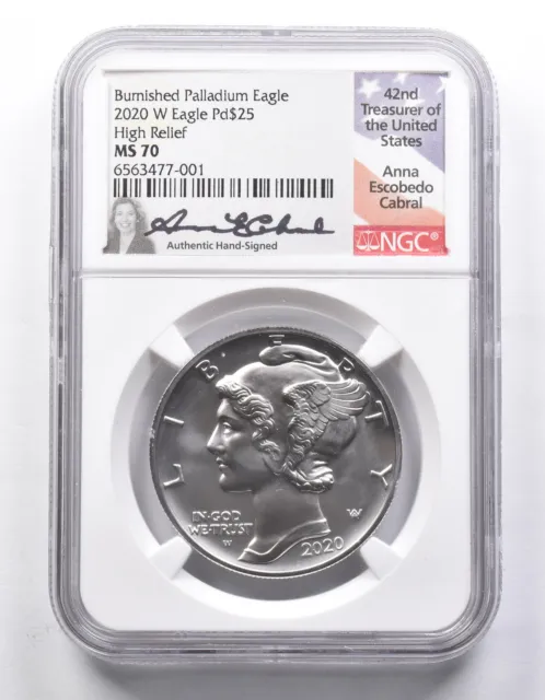 MS70 2020-W $25 Burnished Palladium Eagle High Relief Cabral Signed NGC *6418