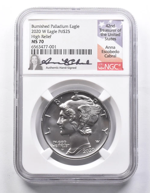 MS70 2020-W $25 Burnished Palladium Eagle High Relief Cabral Signed NGC *6418