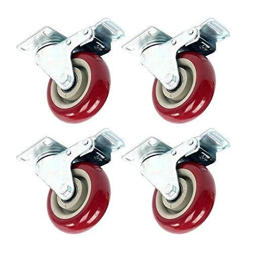 Decor 3 Inch Caster Swivel Plate w/Brake Heavy Duty on Red PU Wheels (4 Pack)