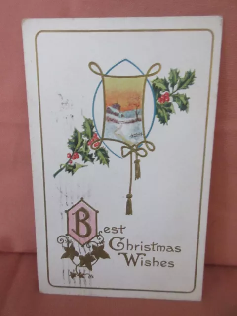 Embossed Christmas Postcard: Blest Christmas Wishes w Church, Midland Pub, 1913