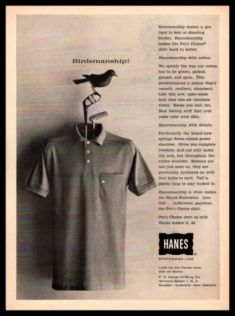 1962 Hanes Statesman Line Swiss-Ribbed Golf Shirts "Birdsmanship" Print Ad