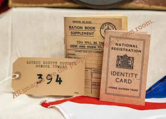 1940s/WW2 Blitz Wartime Memorabilia Kids Set Ration Book-ID Card-Luggage Label
