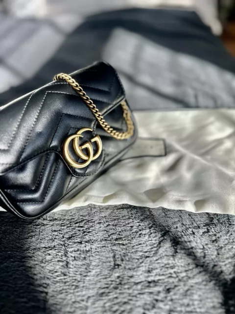 Gucci GG MARMONT MINI BAG Gold Chain Shoulder Bag Black Leather Authentic