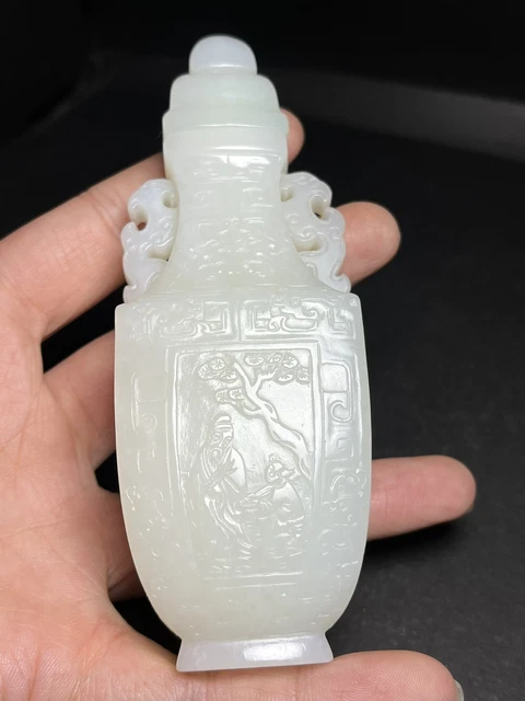 Chinese Exquisite Handmade Figures carving Hetian Jade Bottle Statue