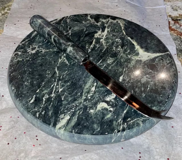 Vintage 7.75" Round Green Marble Cheese Slab Board Serving Platter & Knife