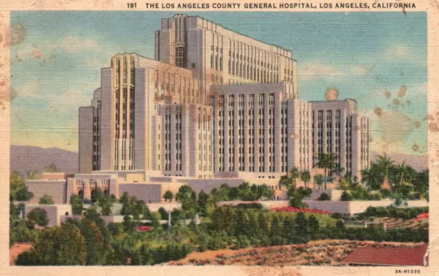 Postcard CA Los Angeles Los Angeles County General Hospital 1938 Linen PC e6153