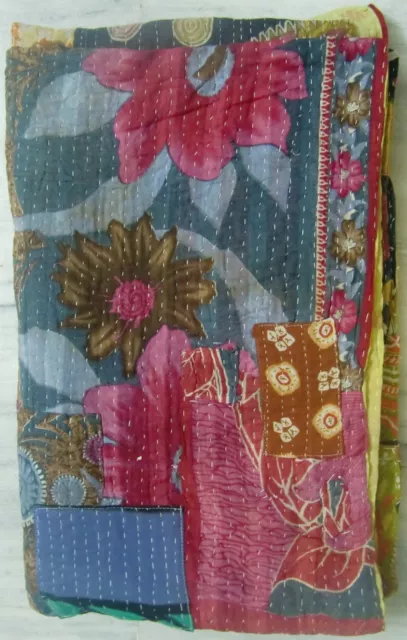 Kantha Edredón Indio Manta Viejo Saree Patchwork Colcha Reversible Cotton ART